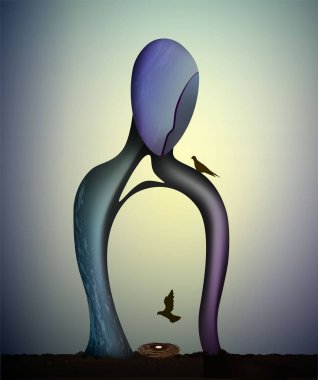 İçinde büyüyen ve güvercinlerle yuva halinde büyüyen ağaçla insan şekli, Umut ve ev kavramı.