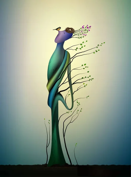 Vivo árbol de primavera feliz con titmouses pájaro, concepto de árbol feliz, alma del árbol, hombre como sonrisa al pájaro, cuento de hadas en la naturaleza, planta idea viva , — Vector de stock