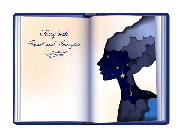 Koncepcja książki Fairytale, czytanie i wyobraźnia koncepcji, rocznika pusta książka strona wygląda jak papier bajki sylwetka, — Wektor stockowy