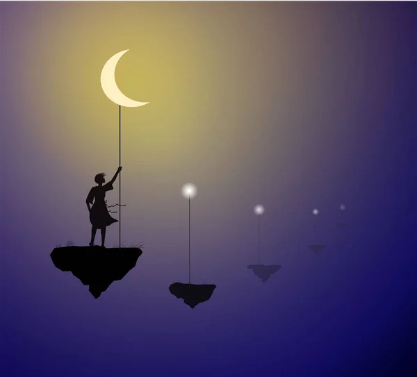 Chica con la luna blanca de pie sobre la roca voladora, mantenga la luna en el cielo, la vida en la roca voladora, las sombras , — Vector de stock