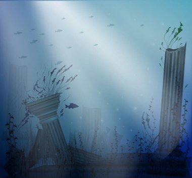 ışık demetleri ile sütunların antik kalıntıları ile sualtı manzara, Atlantis sırrı,