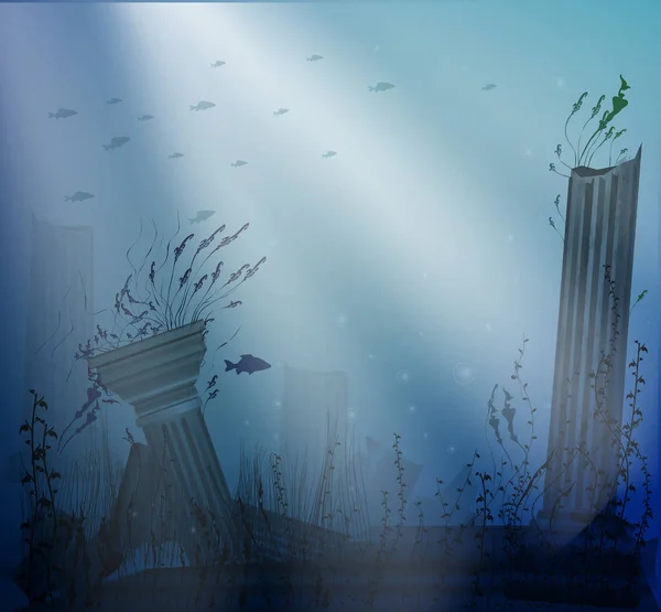 ışık demetleri ile sütunların antik kalıntıları ile sualtı manzara, Atlantis sırrı,