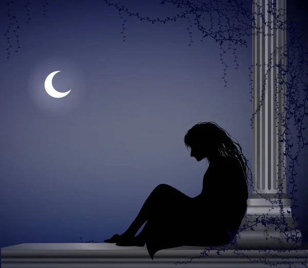 Mujer sentarse cerca de la columna y esperar a alguien bajo la luz de la luna, cita solitaria, chica triste espera a alguien, escena , — Archivo Imágenes Vectoriales