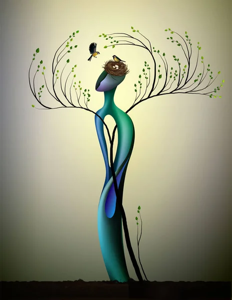 Živý jarní strom s titrosem ptákem, koncept šťastného stromu, duše stromu, člověk jako úsměv na ptáka, pohádkový příběh v přírodě, rostlinná představa, — Stockový vektor