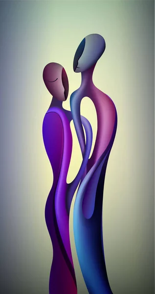 Pareja en el amor concepto abstracto. azul hombre y rojo mujer cuerpo entrelazado, juntos para siempre , — Vector de stock