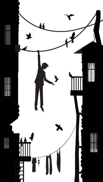 Birdman, jongen opknoping op het touw in de stad met veel duif, stad karakter, zwart-wit scène, — Stockvector