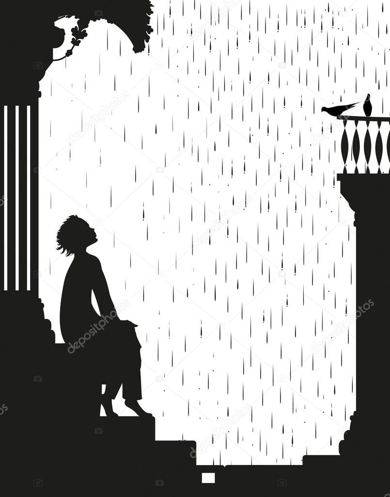 dream under the rain, boy is sitting on the stairs and looking at the rain and pigeons, shadows, black and white story,