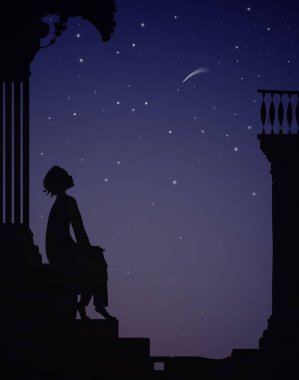 gece hayalperest, çocuk oturur şehir evleri ve yıldızlar, göz rüyalar