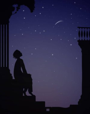 night dreamer, boy sits near the city houses and look at the stars, dreams clipart