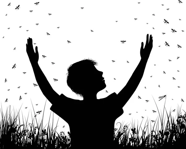 Boy and many butterflies, try to catch butterfly, boy silhouette in the summer scene on the field, black and white story, childhood memories, — Stock Vector
