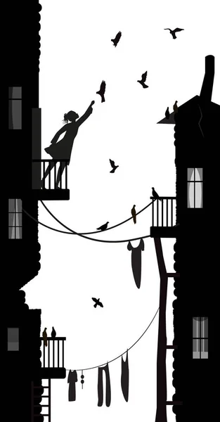 소녀와 비둘기, 소녀는 오래된 마당, 도시 장면, 흑백 장면에서 발코니에 비둘기를 공급, — 스톡 벡터