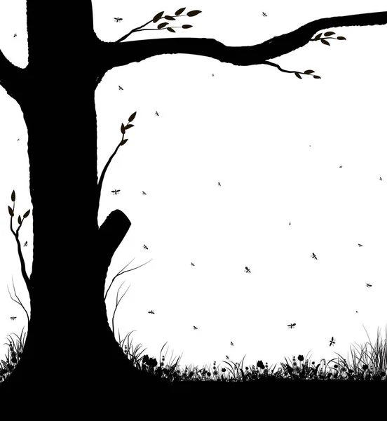 Silueta de árbol y hierba, pieza de fondo de verano en color blanco y negro, fondo de verano , — Vector de stock