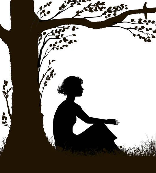 Young woman is sitting under the tree in hot summer day, woman rest, summer memories, black and white, Royalty Free Stock Vectors