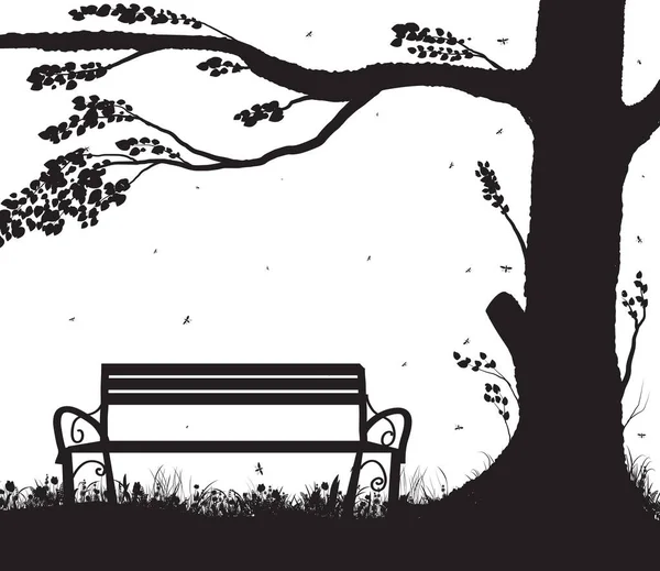 Banco en el jardín de verano cerca del árbol, silueta de fondo del jardín, blanco y negro , — Vector de stock