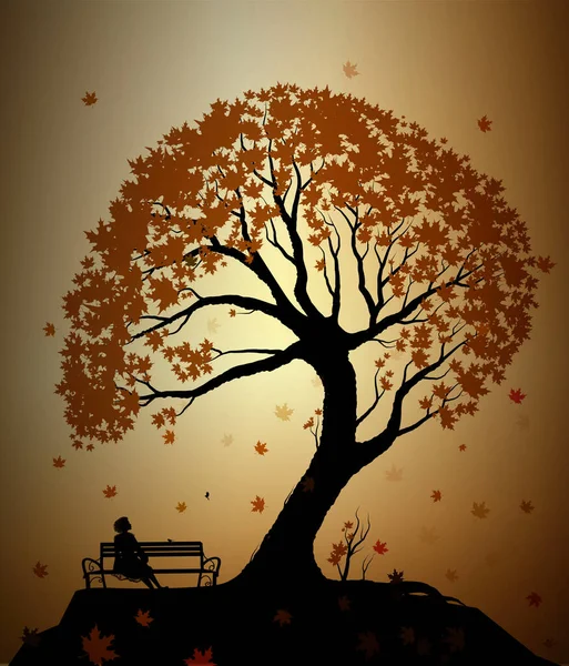 Autumn memories concept, girl sitting on the bench under the big maple tree, silhouette summer scene, — Stock Vector