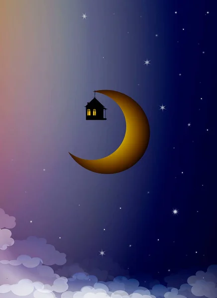 Doce casa sonhos conceito, casa pendurada na lua no céu, tempo sonhando , — Vetor de Stock