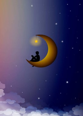 Oku ve hayal et, çocuk silueti ayda oturup kitap oku, oku ve yaratıcı bir fikir hayal et.,