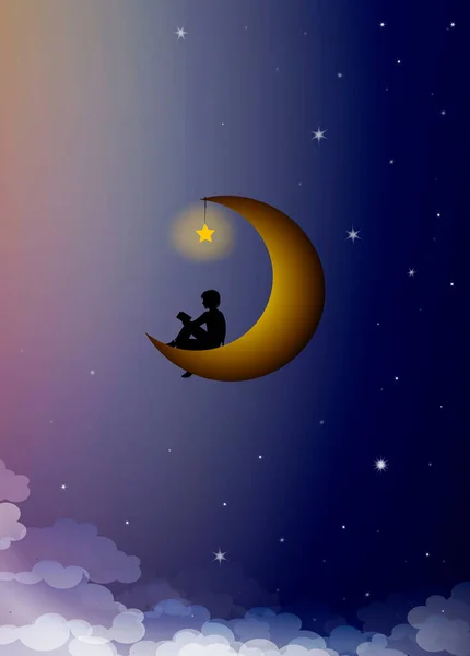 Concept de lecture et de rêve, silhouette de garçon assis sur la lune et lisant le livre, lire et imaginer idée créative , — Image vectorielle