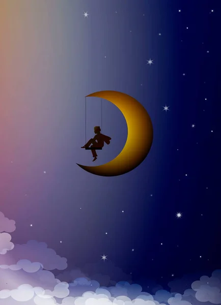Concept rêveur, silhouette garçon assis sur la lune balançoire, votre enfant rêve idée créative, vecteur Illustration De Stock