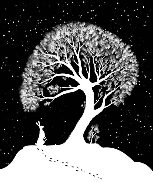 Lebre branca perto do grande pinheiro no snowdrift olhando titmouse, cena de inverno da floresta, conto de fadas da floresta de inverno , Ilustração De Stock