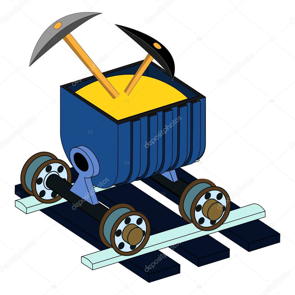 Minecart trolley on rails and ties with pickaxes and ore. Wheel pair vintage car wagon to carry gold and  other mineral resources. Block chain crypto currency mining. Full color isometric 3D art