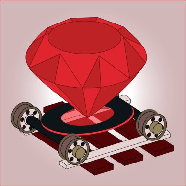 Ruby on rails full color isometric 3D art. Real jewel gem on wheel pairs on ties. Programming language framework for web backend server software development. RoR symbol logo of www internet graphic clipart