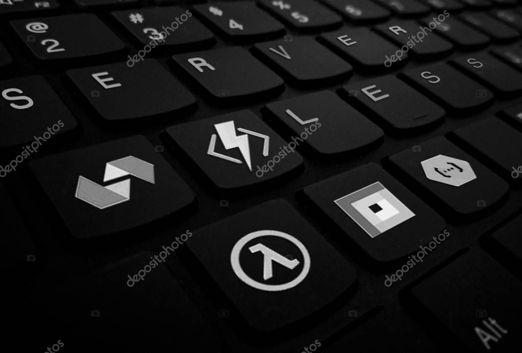 Serverless cloud function as a service platforms computing architecture. Keyboard with inscription on keys server less and logo of main cloud providers. Software development web backend poster