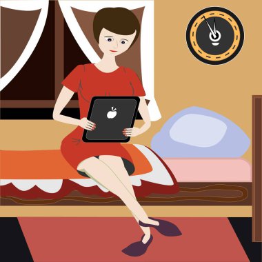 Kadın tablet bir yatak odasında okur. Kız bir yatakta ihale renkler iç oturan tablet tutuyor. Eğitim veya eğlence okuma uyku gitmeden önce. Sosyal veya çevrimiçi ağ geç gece zamanında