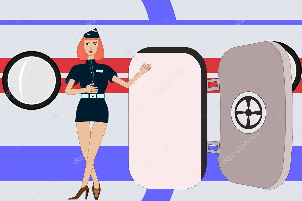 Air lady stewardess invites to flight near the aircraft door. Boarding in plane as a welcome on board  to travel or vacation trip. Flight hostess wears dark uniform and airliner is in light colors