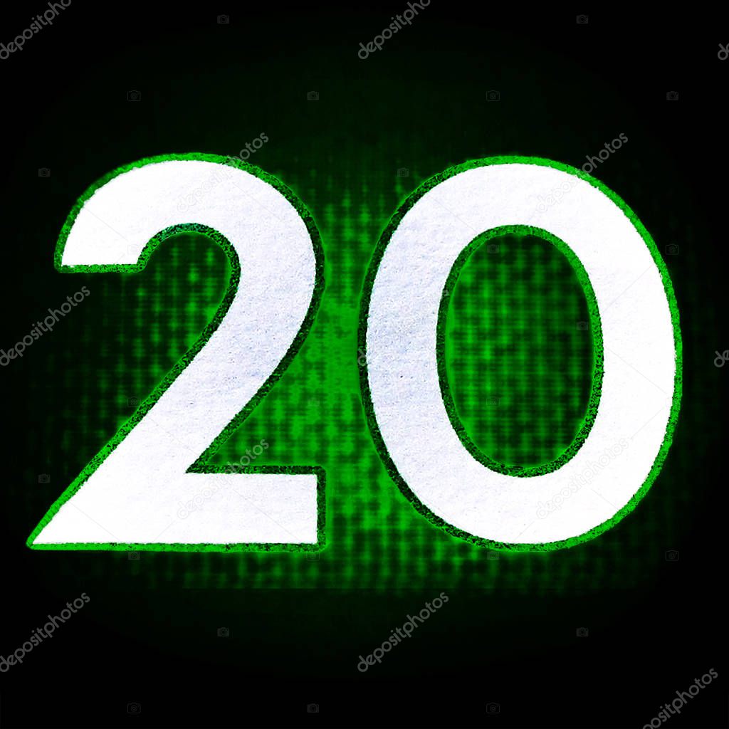 Twenty number 20. Macro close up of ultra green poison like textured figures on blurred background as rating symbol square banner