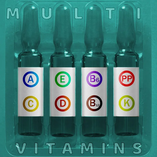 Multivitamins using concept. Four ampules with overlay signs — Stock Photo, Image