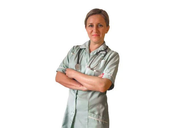Médico o enfermero en uniforme con estetoscopio alrededor del cuello y los cros —  Fotos de Stock