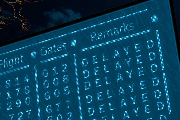 Delayed flights due to bad weather concept. Airport timetable