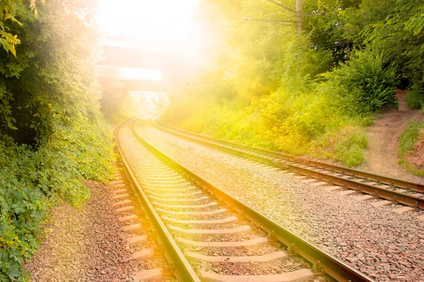 Conceito de viagem de comboio em vias férreas. Rails track está entrando — Fotografia de Stock