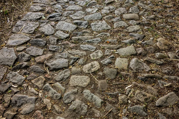 Παλιός δρόμος με πέτρινα πλακόστρωτα. Εγκαταλειμμένη βρώμικη επιφάνεια με η — Φωτογραφία Αρχείου