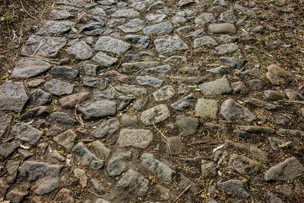 Vieja calle de piedra de bloque. Superficie sucia abandonada con weat —  Fotos de Stock