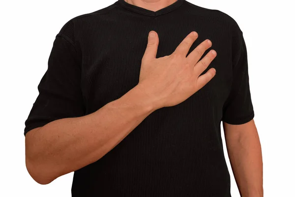 Tipo Mantém Braço Peito Perto Coração Com Palma Mão Gesto — Fotografia de Stock