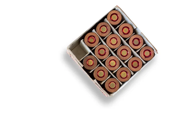 Ανοιχτό Κουτί Φυσίγγια Όπλων Απομονωμένο Φόντο Ένα Κελί Είναι Άδειο — Φωτογραφία Αρχείου