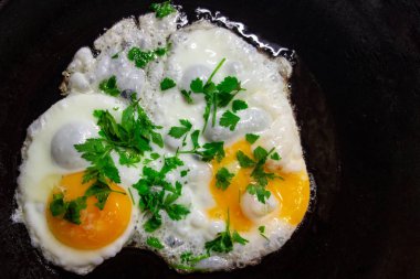 Dökme demir kızartma tavası maydanoz dekorasyon uğrama ile kızarmış yumurta kadar Sunny tarafı. Protein beslenmesi ile ev yapımı mutfak veya sağlıklı gıda kavramı. Düz döşeme görüntüsünü yakınla