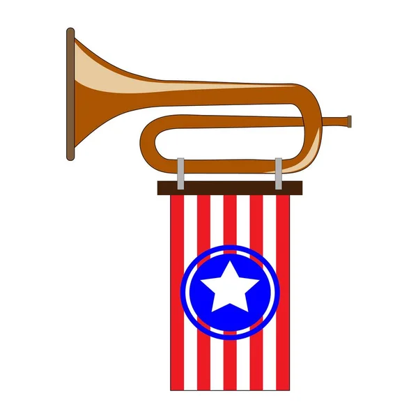 Horn with banner. Military music instrument or civil war ammo element. For national USA holidays such as Independence, Memorial, Labor, Veterans day and other traditional celebration designs