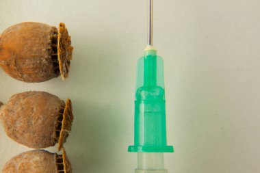 Haşhaş pod kafaları ve şırınga iğne makro beyaz arka plan üzerinde. Dr