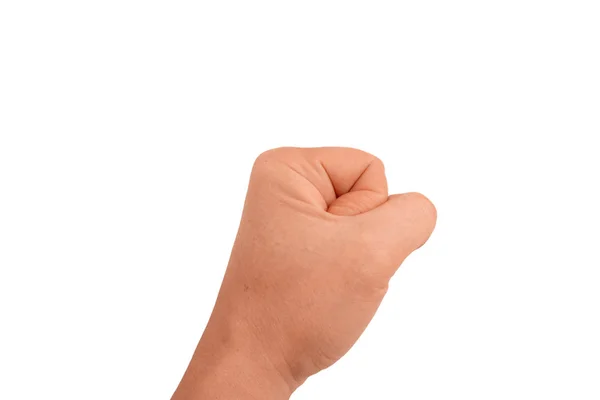 Fist of adult guy. Up view. Gesture of man hand on transparent i — Stock Photo, Image