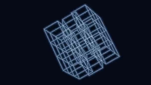 テクノロジー または未来的なデザインの象徴としての3Dキューブ幾何学要素の進化 暗い背景に輝くエッジと顔 — ストック動画