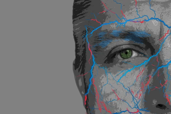 Akıl sağlığı ya da medyum konsepti. Sinirleri ve damarları olan yetişkin bir adamın yarısı. Fotokopi arkaplanı üzerinde renkli elementler olan gri ölçekli posterize biçim