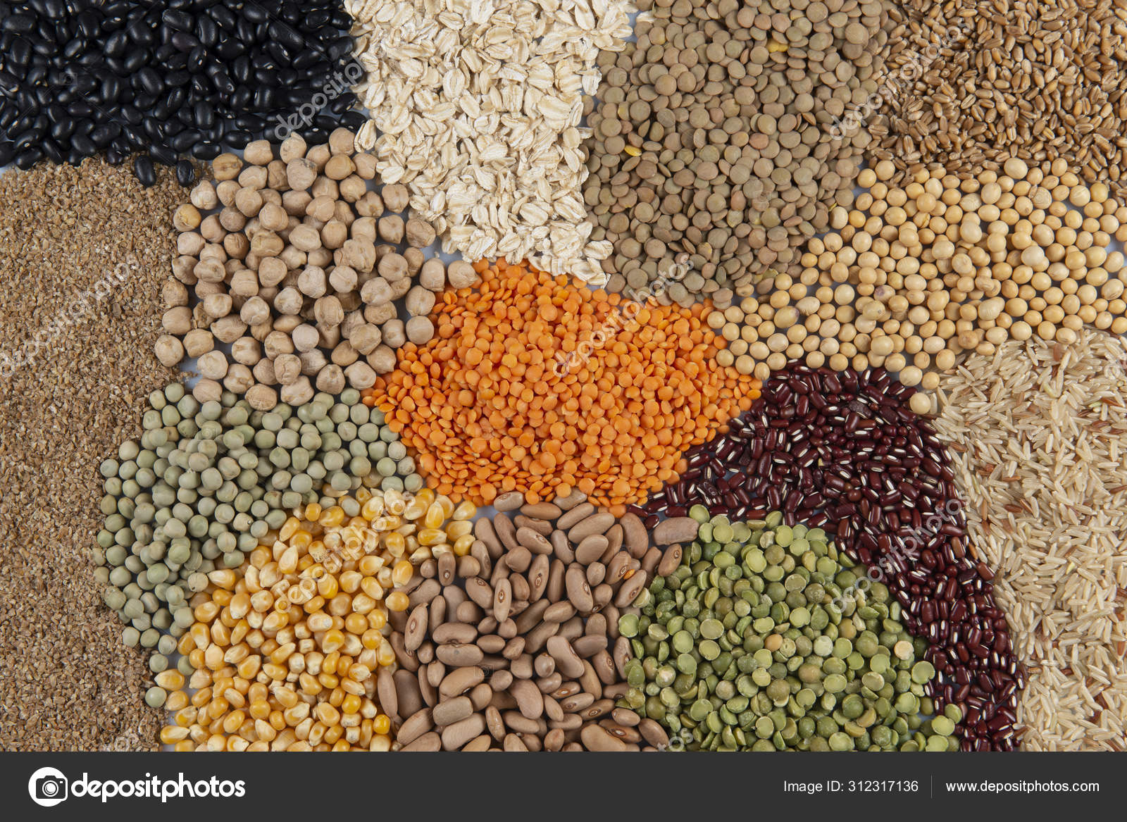 Big collection of different cereals and edible seeds. Stock Photo by