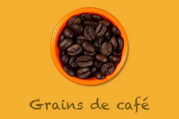 Tazón Naranja Con Ingredientes Culinarios Grano Café Texto Francés Sobre —  Fotos de Stock