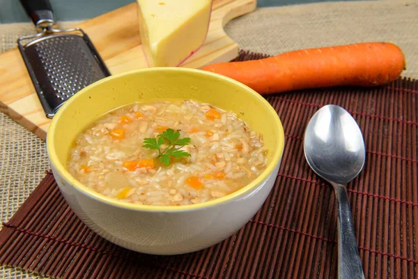 Hot Chicken Soup Broth Culinary Elements Composing Scene — Stock Photo, Image