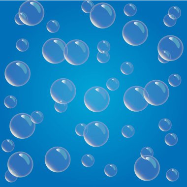 Parlak gerçekçi ve yarı saydam aqua bubble illüstrasyon mavi zemin üzerine..