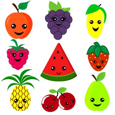 Düz stilde gözü olan çizgi film meyve. Çilek, elma, ananas, mango, ahududu, üzüm, karpuz, armut, kiraz