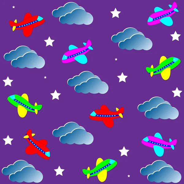 子供カラフルな飛行機とシームレスなパターン。青色の背景色。ベビー パターン. — ストックベクタ
